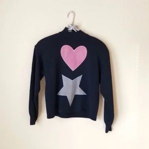 St John by Marie Gray Navy Blue Heart Star Moon Appliqué Mock Turtleneck Sweater